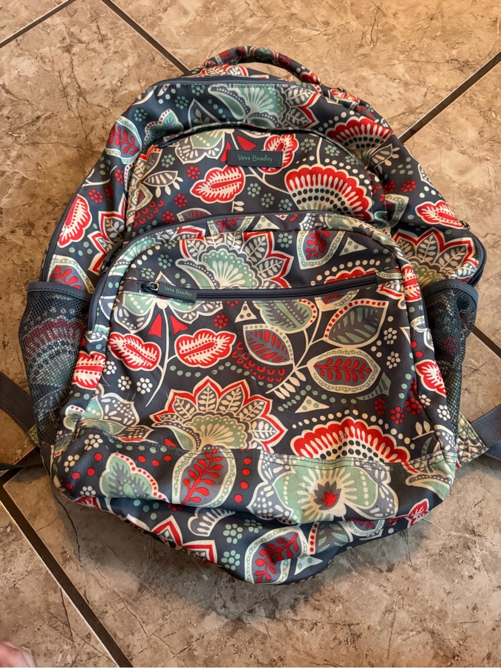 Vera Bradley Navy Floral Backpack with Red and Mint Accents